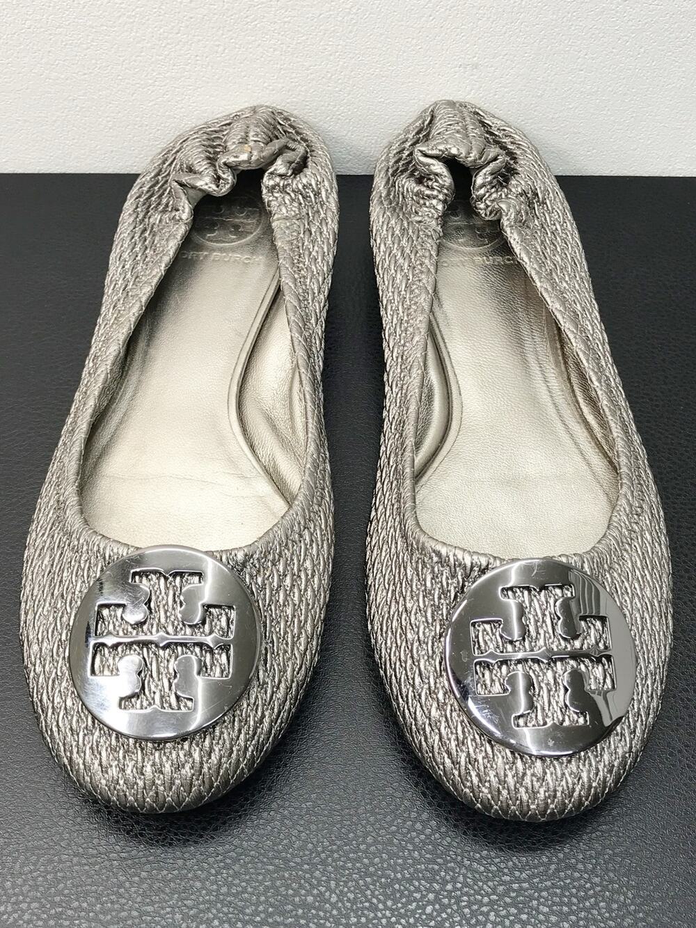Tory Burch Reva Ballet Flat Metallic Silver Diamond Quilted Textured 7.5